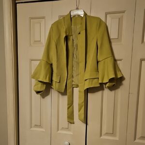 Womens Olive Green Ruffle Sleeve Skirt Suit